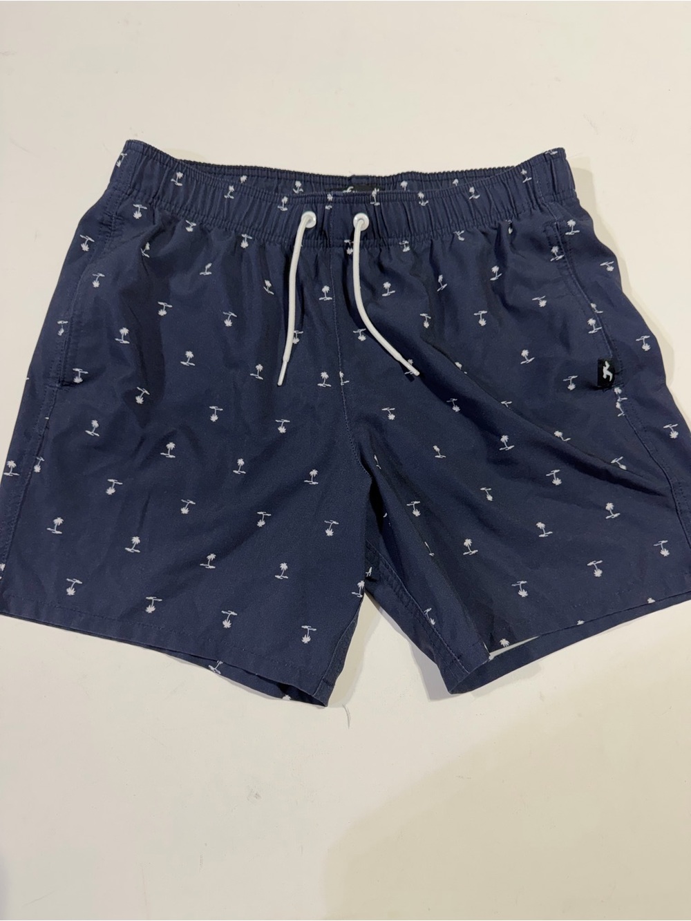 Hollister Navy Swim Trunks with White Palm Motif